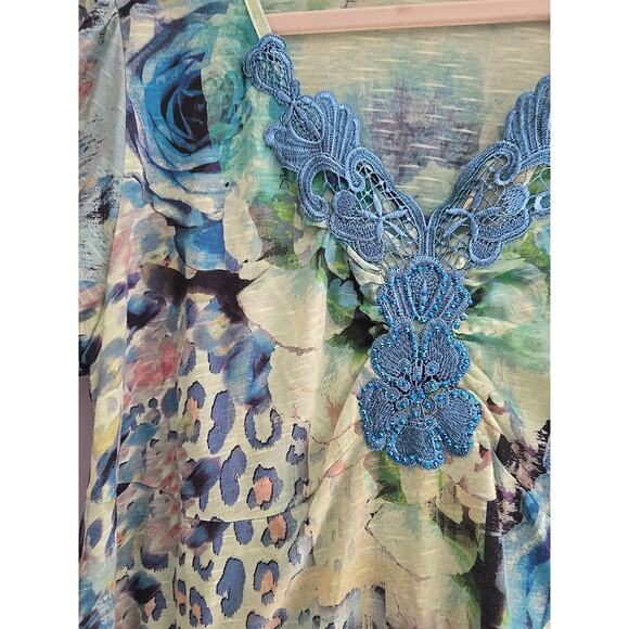 One World Preppy y2k Rose Cheetah Print Flutter Short Sleeve Top Sequin Woman 2x - Picture 2 of 3